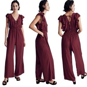 Madewell Jacquard Deep-V Ruffled Cabernet Maroon Jumpsuit Size XL